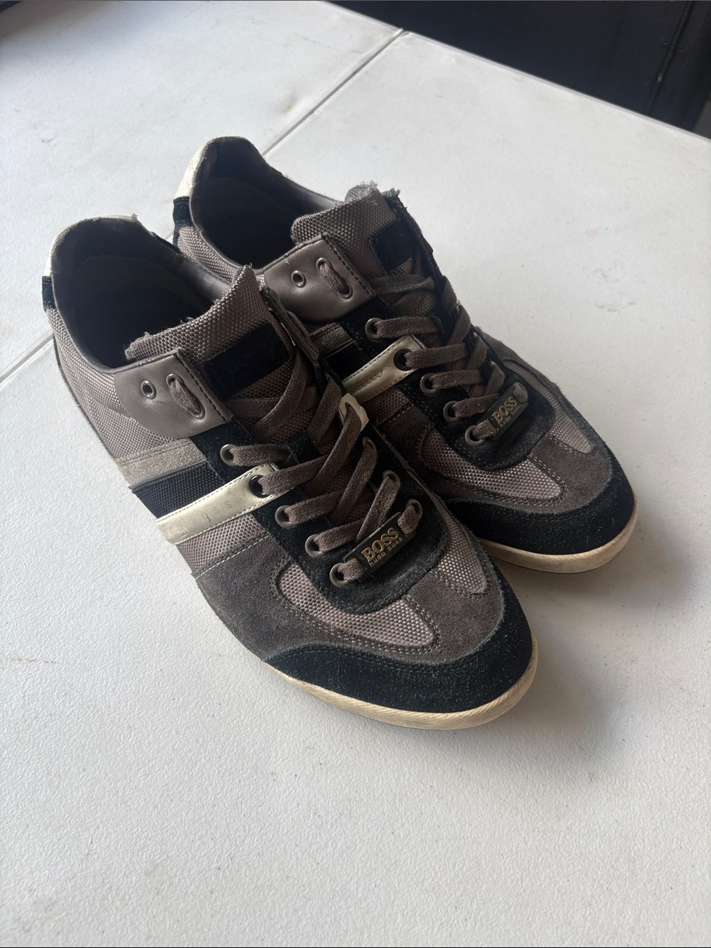 Boss Men's Brown and Black Suede & Mesh Sneakers